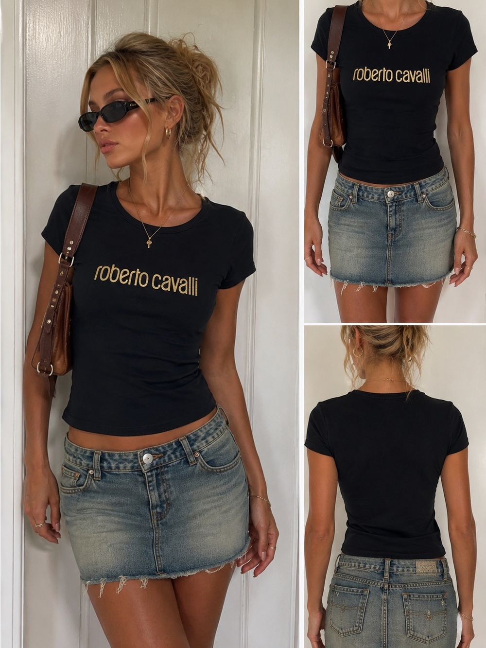 Vintage Roberto Cavalli Black T-Shirt with Gold Brand Logo (Size M)